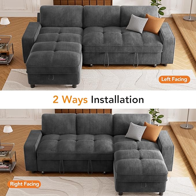 Sunny Heart Sleeper Sofa Bed 81 L Shaped Couch Sleeper Sofa Pull Out Couch Bed with Reclining Backrest | Reversible Storage Chaise | USB Port | Side Pocket | Tool-Free Assembly | Chenille Dark Grey