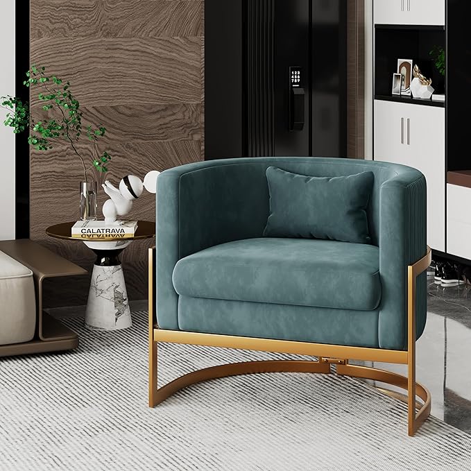 Alunaune Modern Velvet Barrel Accent Chair Upholstered Armchair Mid Century Living Room Chairs Sofa Tub Bucket Club Lounge Side Chair for Bedroom-Lake Blue
