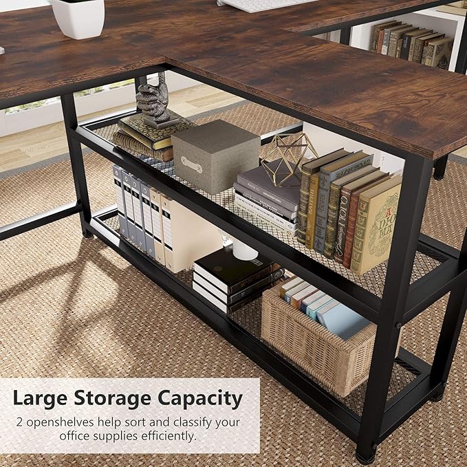 Tribesigns 90.5 inch Computer Desk Extra Long Two Person Desk with Storage Shelves Double Workstation Office Desk Study Writing Desk for Home Office (Brown 90.5x21.7 in)