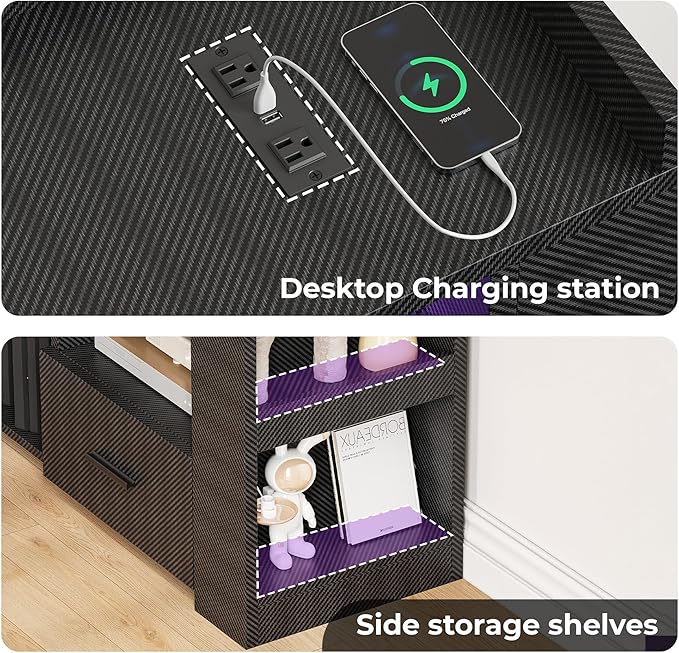 IRONCK TV Stand for 65 Inch TV Carbon Fiber Entertainment Center with 2 Drawers Charging Station &amp RGB LED Light Gaming Media Console for PS4 Bedroom Living Room Black