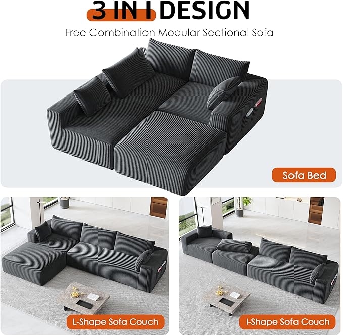 108 Cloud Couch Modular Sectional Sofa for Living RoomL Shaped Boneless Couch with Deep Seat ChaiseNo Assembly Required Foam Sleeper Sofa for ApartmentsPlush Corduroy Fabric Dark Gray