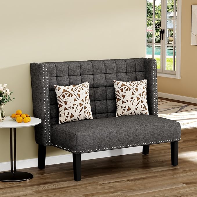 Yongqiang Modern Tufted Loveseat Settee Upholstered Bench with Back for Kitchen Dining Room Living Room Linen High Back Banquette Seating Sofa Couch with Wood Legs Grey