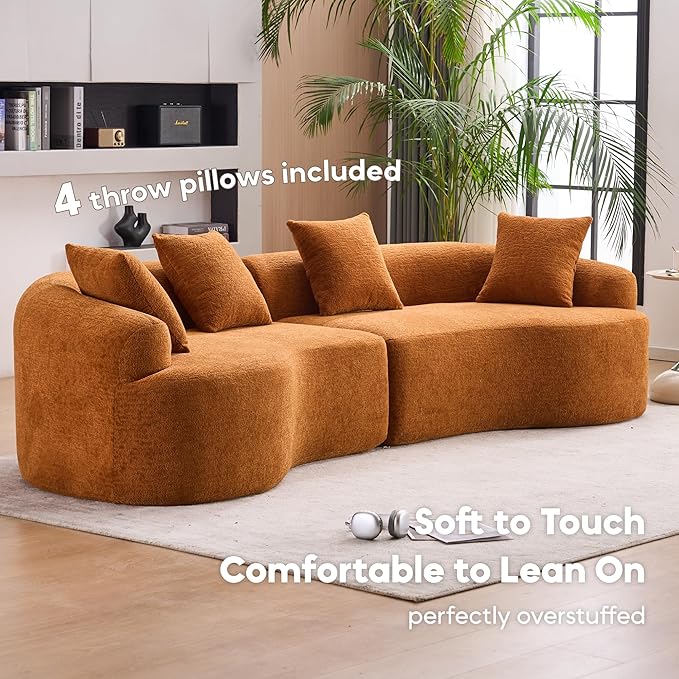 Yoglad 110‘’ Boneless Curved Sofa Modern Cloud 4-Seater Floor Couch Minimalist Compression Sofa for Living Room Apartment Studio Office No Assembly Needed(Chenille Orange)