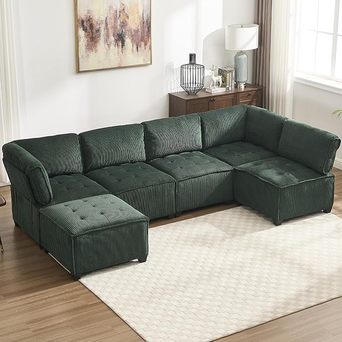 121 U Shaped Modular Sectional Sofa Couch 6 Seat Convertible Upholstered Deep Seat Sleeper Sofa with Chaise Lounge Cloud Couch for Living Room Green