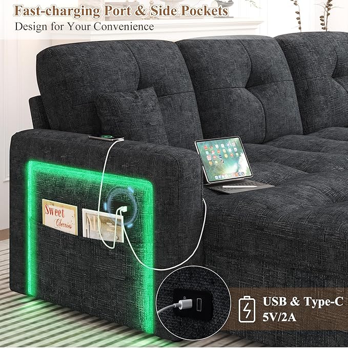 HIFIT 81 LED Sectional Sleeper Sofa with Pull Out Couch Bed Convertible L Shaped Couch with Storage &amp USB &amp Adjustable Backrest &amp 2 Pillows Chenille Sectional Couch for Living Room Bedr