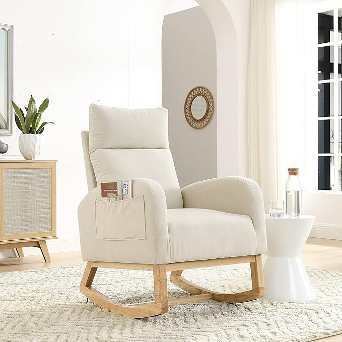 27.6 Inch Wide Modern Large Rocking Chair for Adults Oversized Rocker Chair with High Backrest Portable Rocking Chairs for Living Room Lounge Gentle Rocking Armchair with Side PocketsBeige-Teddy