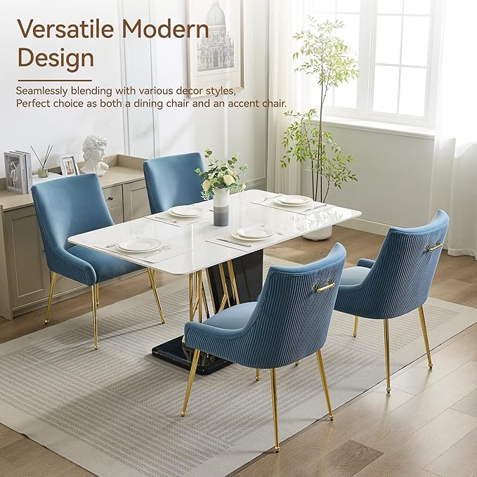 Velvet Dining Chairs Set of 6 Gold LegsUpholstered Velvet Accent Chairs Pleated Back Design &amp Gold Pull Handle Mid Century Modern Chairs for Dining/Kitchen/Living RoomLight Blue