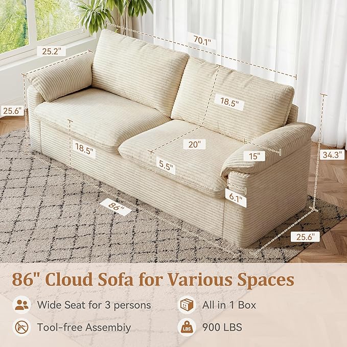 WEUP 86 Loveseat Sofa Beige Corduroy Couches for Living RoomMid Century Modern Love SeatSuper Comfy Cloud SofasDeep SeatWide ArmrestSturdy Frame for Bedroom Apartment Office