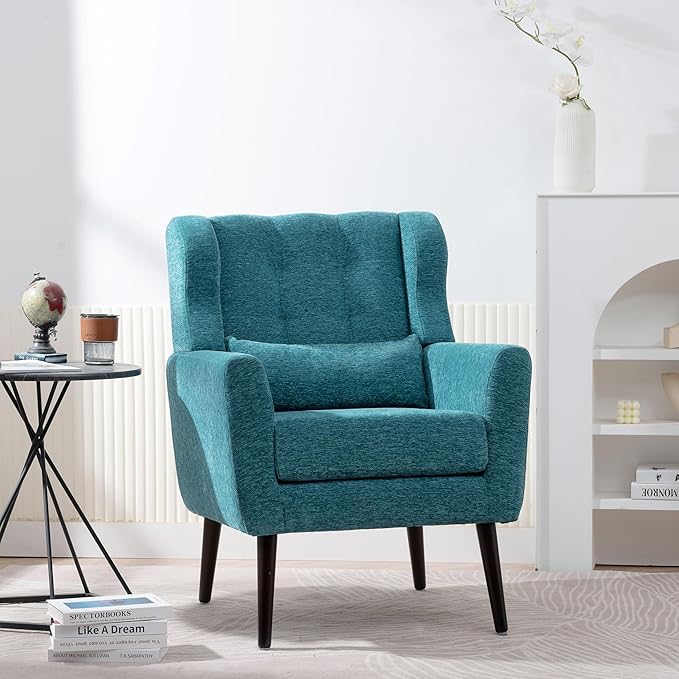 Modern Accent Chair Chenille Upholstered Arm Chair with Pillow Comfy Soft Padded Chair Fabric Single Sofa Chair Reading Accent Chair for Living Room Bedroom Teal