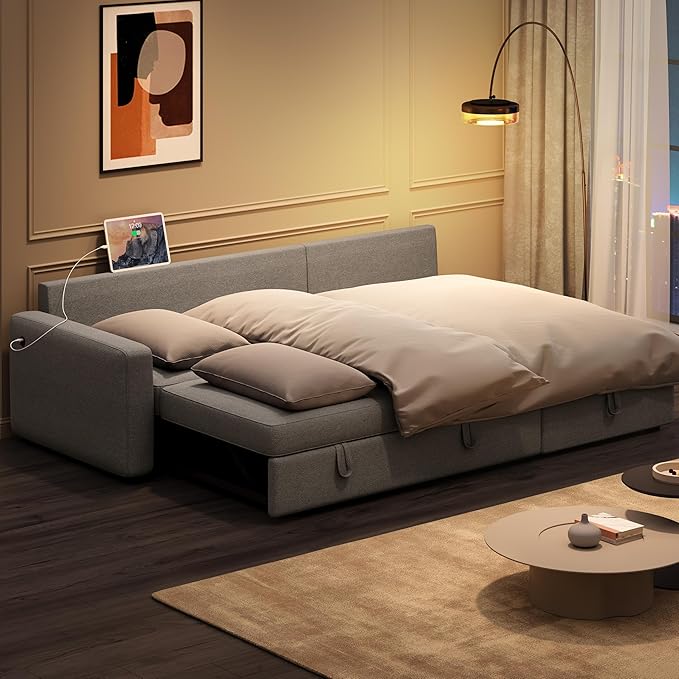 Yaheetech Sectional Sofa L-Shaped Sofa Couch Bed w/Chaise &amp USB Reversible Couch Sleeper w/Pull Out Bed &amp Storage Space Living Room Light Gray