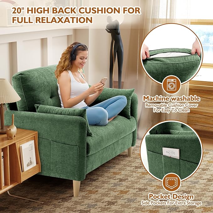 47 Small Sofa Couch for Bedroom Soft Chenille loveseat Mini Couch with Throw Pillow and Removable Cushion Cover for Small Spaces Living Room Apartment Dorm Office(Green)