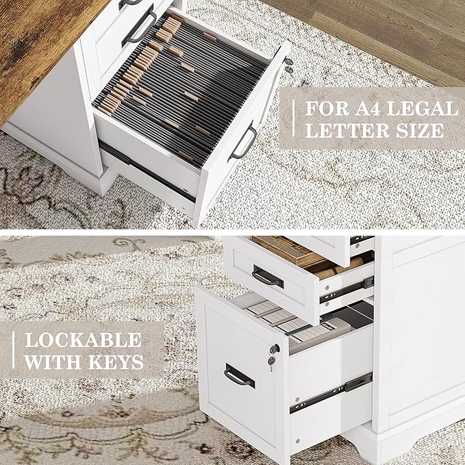 Alohappy 67'' L Shaped Desk with Drawers Farmhouse Corner Computer Desk with File Storage and Charging Station for Home Office White