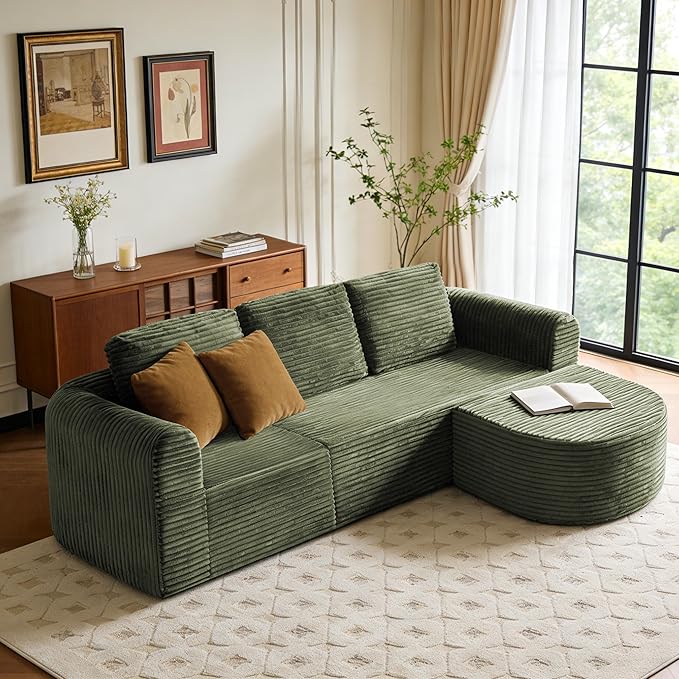 108” Modular Sectional Sofa Boneless Couches for Living Room Deep Seat L-Shape Cloud Couch with ChaiseComfy Sofa Freely Change Configurations No Assembly RequiredSoft Plush Corduroy Fabric(Green)