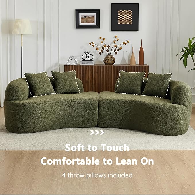 106.7 Modern Curved Oversized Sectional Sofa Minimalist Modular Cloud Couch with 4 Throw Pillows Luxury 4-Seater Extra Deep &amp Wide Seat Sofa in Soft Teddy Fabric Olive Green