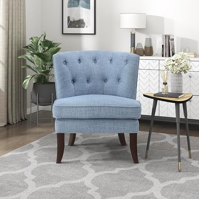 Lexicon Accent Chair Textured Fabric Upholstered Armless Chair with Solid Wood Legs Button Tufted Curved Back for Living Room/Bedroom/Office/Waiting Area Blue