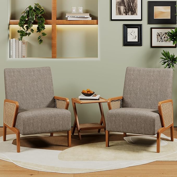 Alunaune Upholstered Natural Rattan Living Room Chairs Accent Chair Armchair Set of 2 Modern Fabric Slipper Club Chair Guest Reception Couch Comfy Single Sofa for Reading Bedroom-Taupe