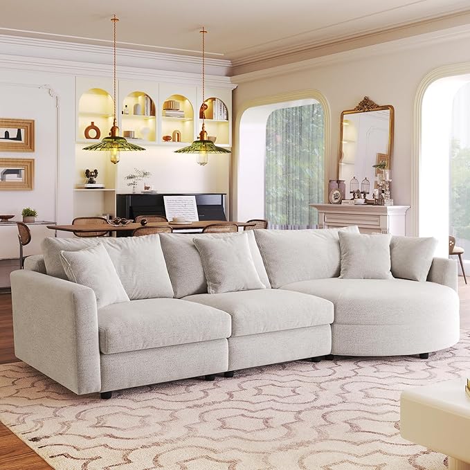 105 Chenille Fabric 3-Piece Sectional Sofa with Curved Chaise and 3 Throw Pillows 3-Seat Upholstered Couch with Solid Pine Wood Frame Perfect for Living Rooms Offices and Apartments (Beige-05)