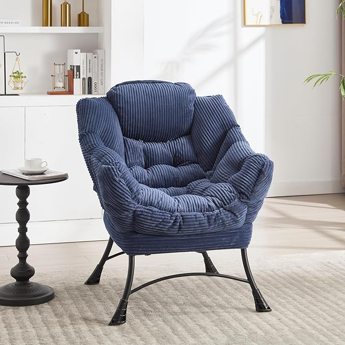 Lazy Chair with Ottoman Set Modern Lounge Upholstered Accent Sofa Chair with Armrests and Side Pocket for Small Space Bedroom Living Room Dorm Rooms Garden Navy Blue