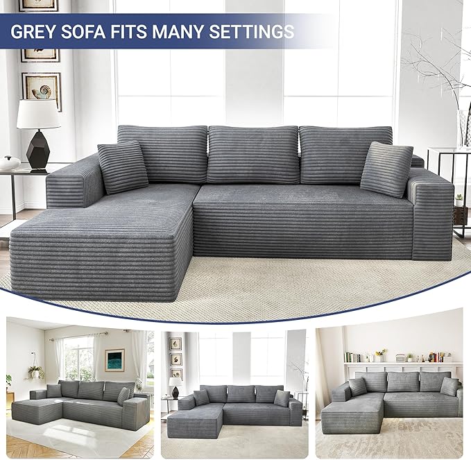 104 Cloud Sectional Couch with L-Shaped ChaiseModern Modular Sectional SofaCorduroy Boneless Couches for Living Room BedroomNo Assembly Required 3-Seater (Left Facing Chaise) Grey