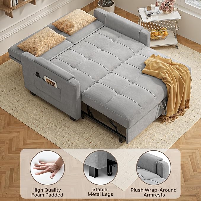 Gizoon Convertible Sofa Bed 3-in-1 Pull Out Couch 5-Position Adjustable Backrest &amp Side Pockets Modern Small Loveseat Sleeper Sofa for Living Room Apartment Dorm Studio Guest Room Light Gr