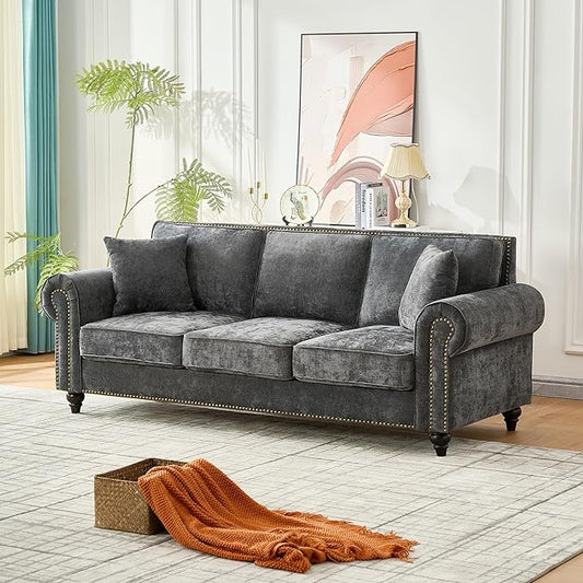 86.5 Chenille Sofa Couch 3-Seater | Modern Chesterfield Sofa with Traditional Rolled Arms Nailhead Trim &amp Solid Wood Frame | Living Room Upholstered Couch | Grey