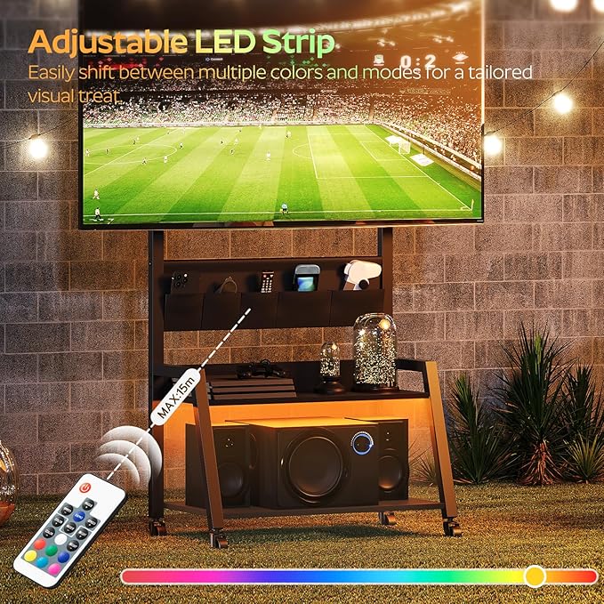Rolling TV Stand with Power Outlet Mobile TV Stand with LED Light Up to 55 TVs TV Cart with Mount 5 Oxford Fabric Pouches for Living Room Meeting Room Black DS01UDBB