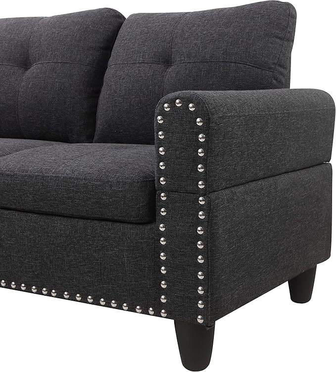 98 Left Hand Facing Sofa with Ottoman and Manufactured Wood FrameL-Shaped Design Sectional Chaise W/Rounded Arms &amp Nailhead Trimfor DormApartmentStudioOfficeCharcoal Grey