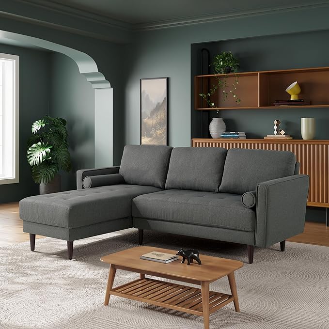 Studio Living® Lexington 83.1 Sofa Chaise Mid-Century Modern Pocket Coil Comfort Reversable Chaise Easy Assembly Woven Fabric Heather Grey