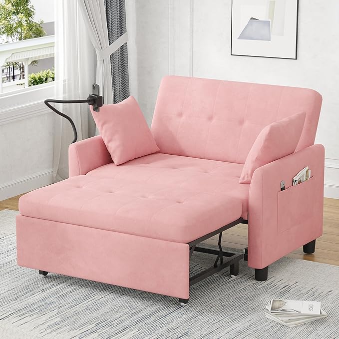 3 in 1 Convertible Pull Out Sleeper Couch Sofa Bed Small Loveseat Futon Bed 46 Velvet Love Seat with Pillow and Phone Holder for Living Room Pink