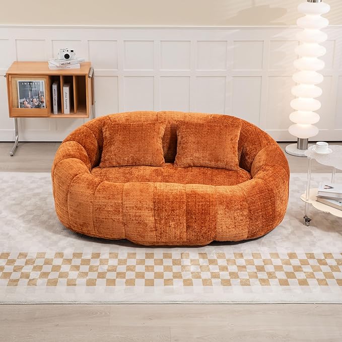GDFStudio Colomt Lounge Chair Upholstered Lazy Sofa Chair 2 Seater Couch Comfort Chenille Loveseat Ready to Use Bean Bag Chair Soft Seating Lounge Reading Sofa for Living Room Bedroom Organge
