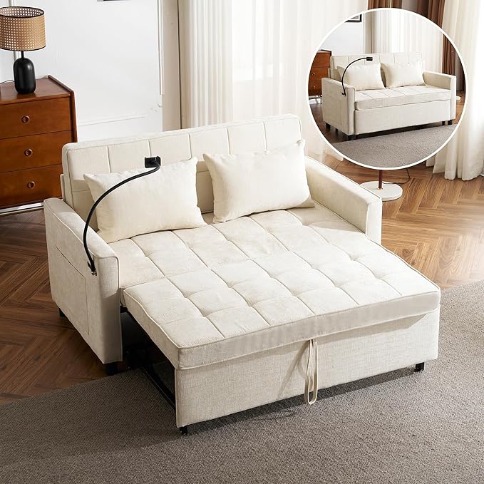 Merax Pull-Out Sleeper Sofa Bed with Reversible Backrest and Two Throw Pillows 3 in 1 Foton Couch with USB Ports &amp Phone Holder Chenille Loveseat for Living Room Beige