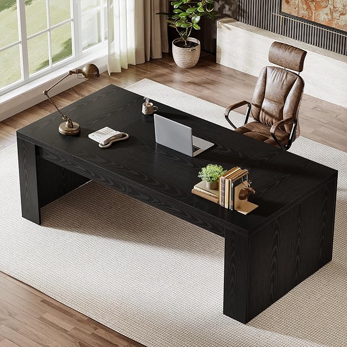 Tribesigns 70.9-Inch Wooden Computer Desk Large Farmhouse Executive Office Desk with Sturdy Double Pedestal Legs Writing Workstation Business Furniture for Home Office (Black)