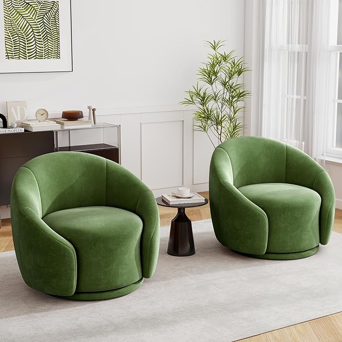 UIXE Swivel Accent Chair Velvet Barrel Chair Upholstered Arm Chair for Living Room Modern Round Club Chair with Turntable Base - Green Set of 2