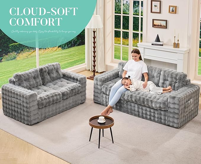 Hobestluk 3-Seater Sofa Boneless Couch with Tufted Button Design 2 in 1 Comfy Cloud Couch Oversized Sofa for Living Room Bedroom Apartment or Office (Grey 3 Seater)