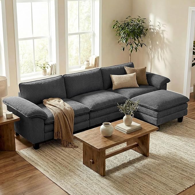 HOMCOM Modular Sectional Sofa Couch 124 Oversized L Shape Sectional Cloud Couch with Deep Seat Movable Ottoman and Pillow-top Armrests for Living Room Bedroom and Apartment Dark Gray | Deep seat