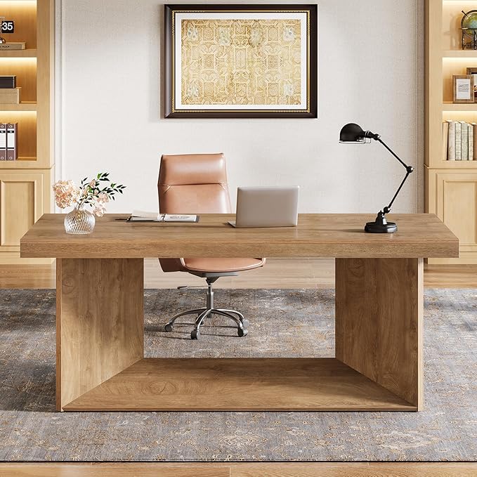 Tribesigns 63-Inch Executive Desk Large Office Computer Desk with Heavy Duty Pedestal Farmhouse Simple Workstations Writing Table for Home Office Rustic Brown