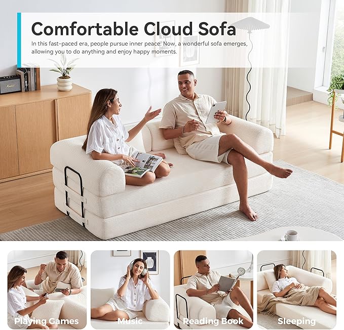 Convertible Folding Mattress Couch 5-in-1 Futon Sofa with Armrests Sleeper Mattress Sofa Bed Comfy Fold Out Bed for Living Room Bedroom LoungeGuest Office (Beige White)