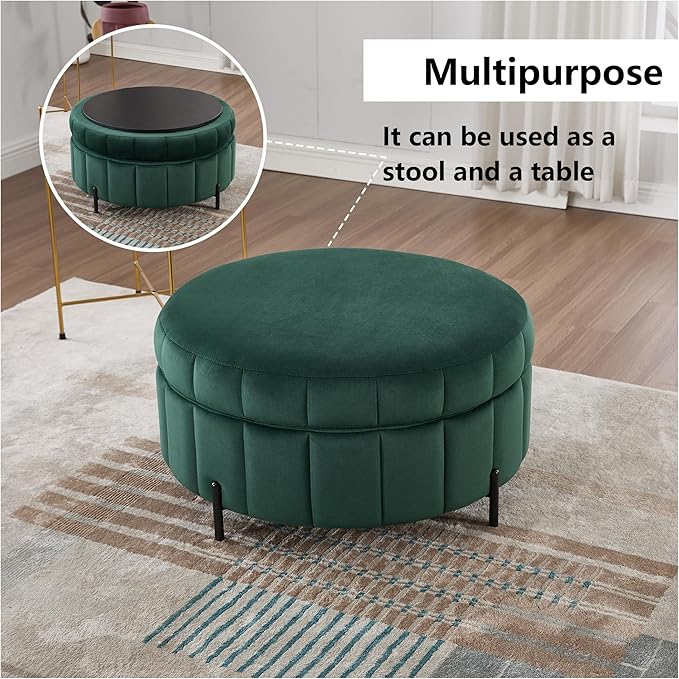31.5 Velvet Round Storage Ottoman GreenReversible Lid Upholstered Ottoman Coffee TableCircle Foot Stool for Living RoomBedroom
