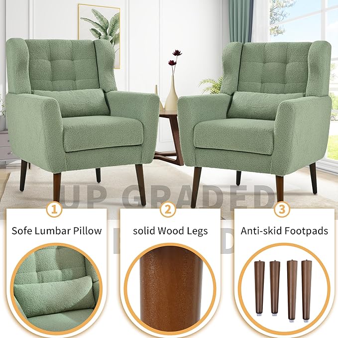 Accent Chair Set of 2 Upholstered Armchair with Pillow Teddy Single Sofa Chair with Lounge Seat and Wood Legs for Living Room Small Spaces