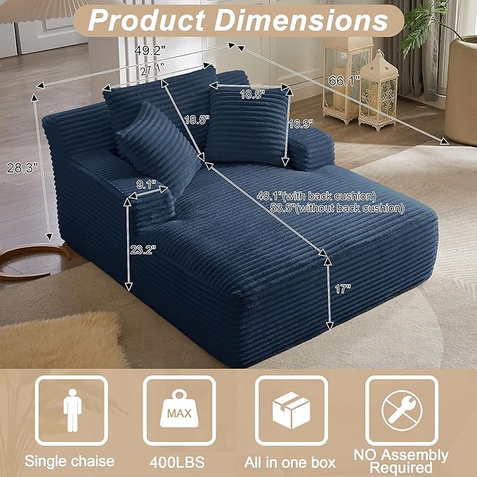 KEIKI 67 Oversized Chaise Lounge Chair Indoor Deep Seat Corduroy Cloud Couch Sleeper Sofa Bed with Pillows Cozy Lounge Sofa for Gaming Room Movie Night Relaxing No Assembly Required