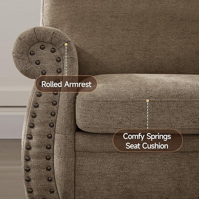 ONBRILL Nailhead Sofa 66 Inch Small Couch with Rolled Arms Chenille Fabric Loveseat w/Springs Seat Cushion Vintage Curved Back Turned Wood Legs Comfy Couch for Living Room Farmhouse Brown
