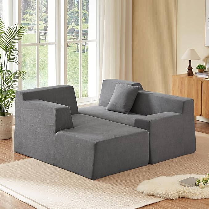 KEIKI 96 L-Shaped Corduroy Modular Sectional Sofa with Left Chaise Lounge &amp High Back &amp High Resilience Cushion Modern Oversized Convertible 3-Seater Couch Easy Assembly for Living Room D