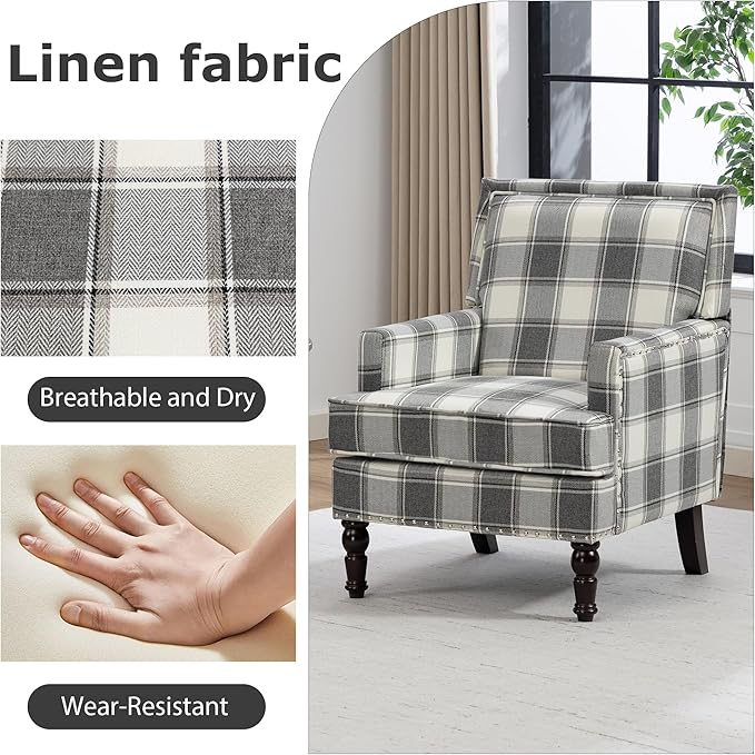 Accent Chair Plaid Modern Comfy Mid-Century Accent Chairs Upholstered Lounge Arm Chair with Solid Wood Frame for Living Room/Bedroom-Gray Plaid
