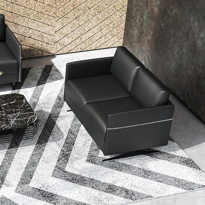 Accent Chair Loveseat Couch Sofa Upholstered Faux Leather Ergonomic Lumbar Support Cubic Waiting Room Reception Chair Modern Simplistic for Living Room Hotel Lobby Office Salon(Chrome Black Dual)