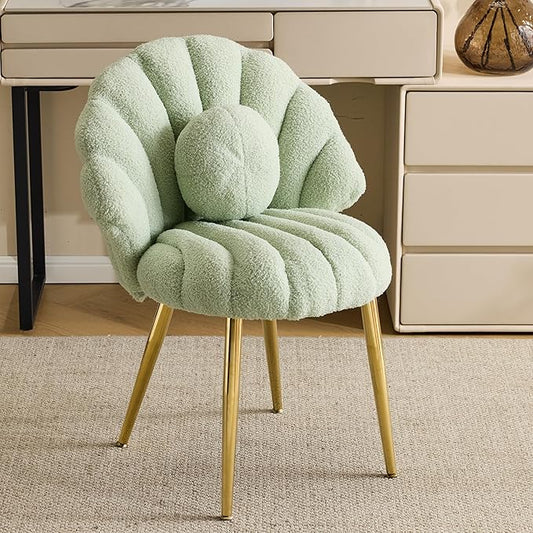 VINGLI Shell-Shaped Teddy Fleece Accent Vanity Chair with BackComfy Green and Gold Desk Chair No WheelsCute Small Pearl Deco PillowGift for Girls/Womenfor MakeupOfficeDiningNailSewingBedroom