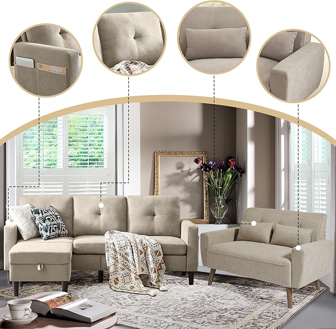 2 Piece Comfy Couch Set 3 Seater &amp 2-Seater Sofa and Loveseat Set with Ottoman Modern Sofa Sets for Living Room/Apartment/Office Beige