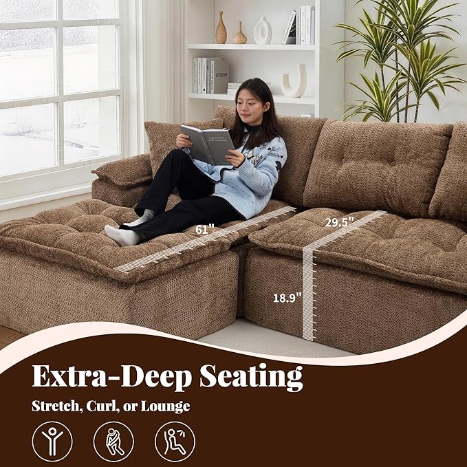 110 Modular Sectional Sofa Cloud Sectional Couch with Ottoman Modern L Shaped Sofa with Deep Seat Upholstered Boneless Couch for Living Room with Layered Cushion No Assembly Brown