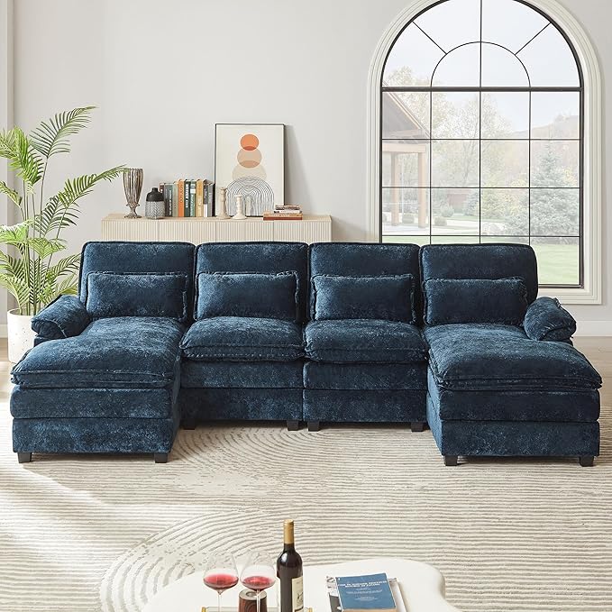 112 Modular Sectional Sofa U Shaped Comfy Cloud Couch with Double Chaise and Padded Armrests Modern Deep Seat Sectional Couches for Living Room Apartment Office Dark Blue