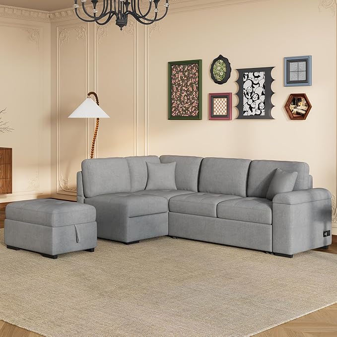 Flieks L-Shape Sleeper Sectional Sofa Bed with Storage Ottoman &amp Hidden Arm Storage 85Inch Sectional Corner Couch Sofa-Bed for Living Room Apartment