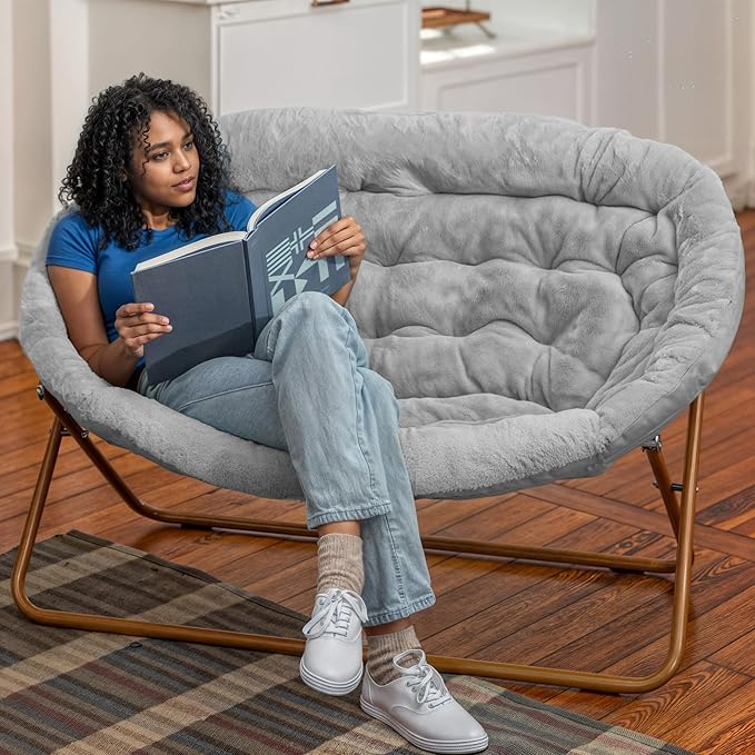 Flash Furniture Eleanor Double Saucer Chair with Folding Steel Frame Portable Oversized Saucer Chair for Dorm or Bedroom 56 Gray Faux Fur/Soft Gold Frame